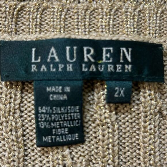 Lauren Ralph Lauren V Neck Cable Knit Silk Blend Metallic Gold Sweater - Picture 5 of 5